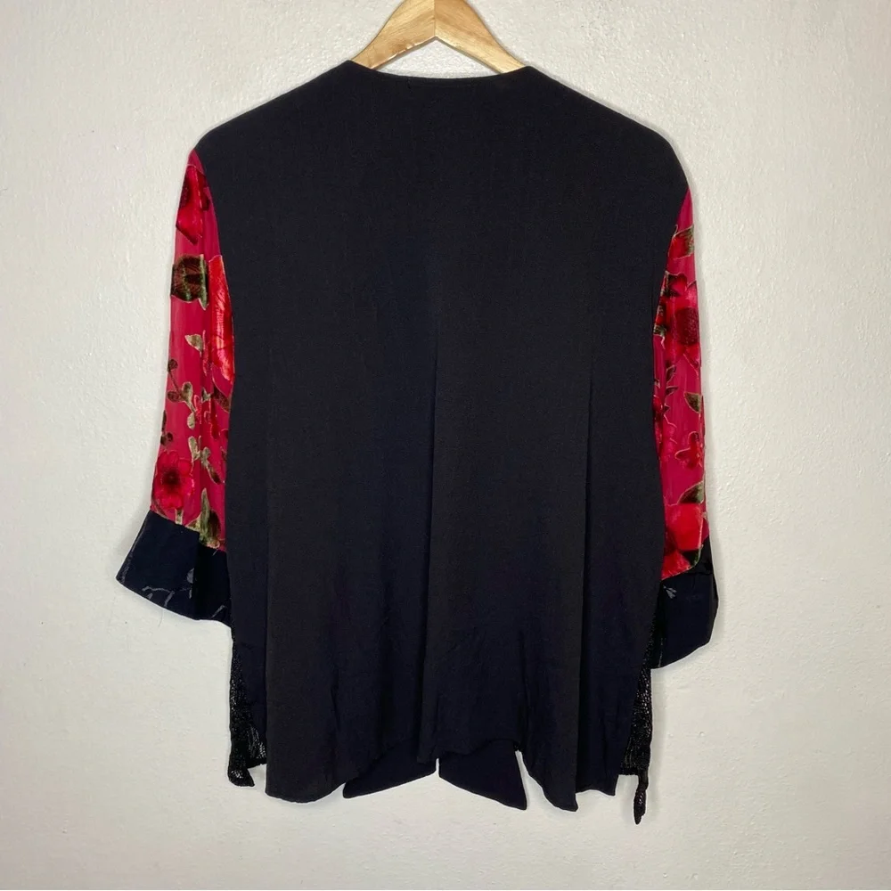 Spencer Alexis Red Black Floral Sheer Sleeve Velvet Detail Kimono Lace Size 2X - Picture 7 of 13